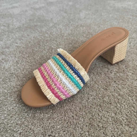 Heeled Sandals slip on woven multicolor raffia fringe size 10 - Picture 3 of 8